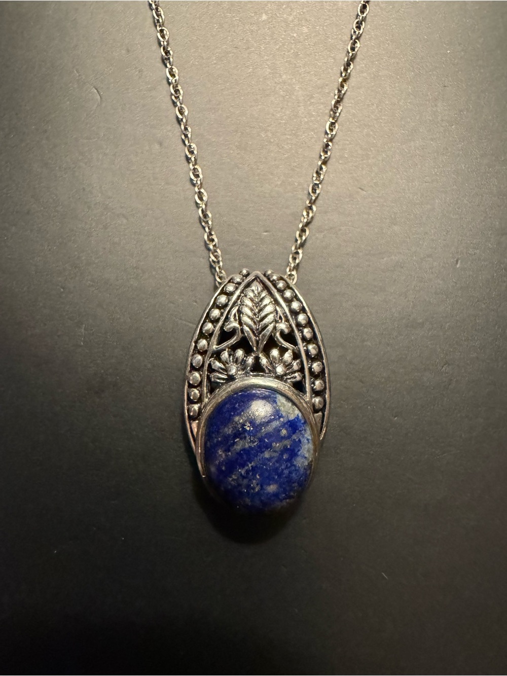 Sterling Silver Lapis Lazuli Ornate Floral Pendant Necklace 18” - Stamped 925 NK